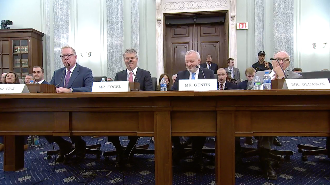 David Armstrong Fink (far left) and Robert A. Gleason Jr. (far right) were among those testifying at a nominations hearing for their potential positions at FRA (Fink) and Amtrak (Gleason). (Screen grab from a Senate Committee on Commerce, Science, and Transportation Video)